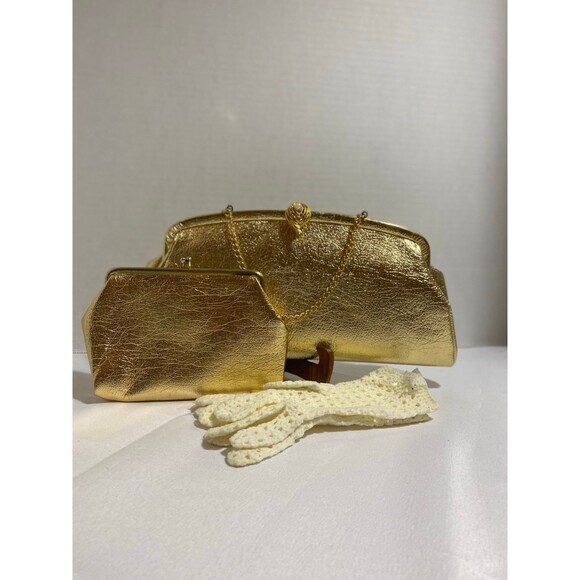 Set of 3 Vintage Metallic gold evening clutch+ large coin purse + gloves - Picture 12 of 12